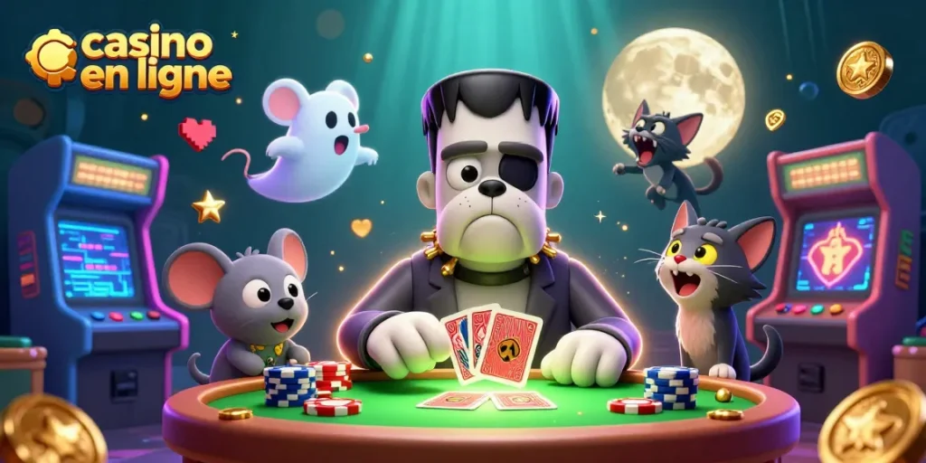 Jouer à un casino en ligne avec un chien monstre et une atmosphère immersive. Illustration colorée.