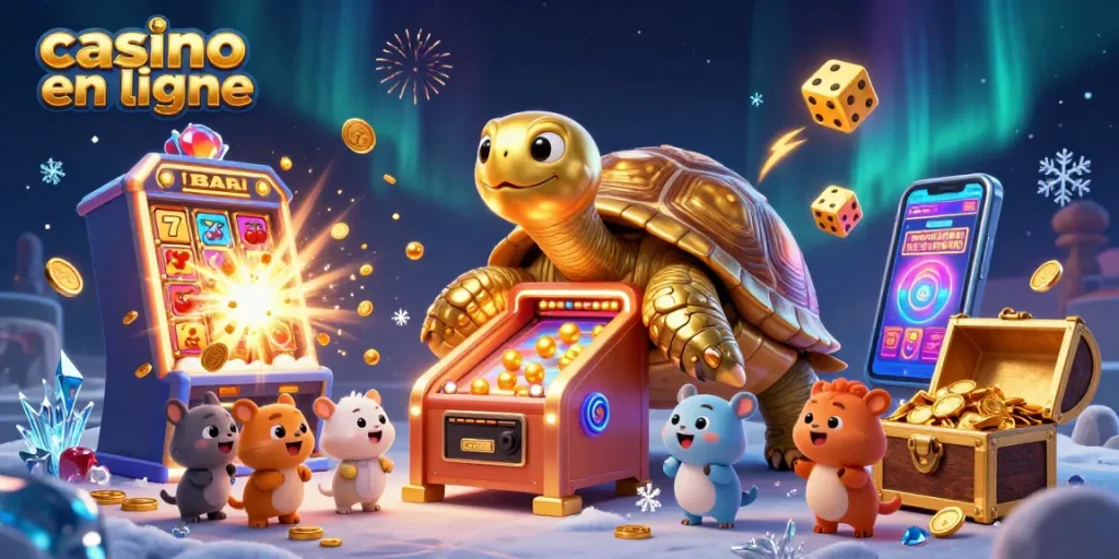 Jouez au casino en ligne avec une illustration 3D captivante de tortue et machines à sous.