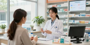 Pharmacist assisting a customer in a modern medicine store with various medicine supplies on display.