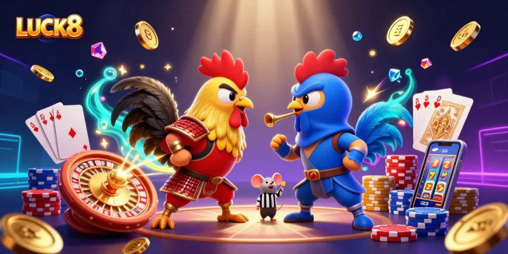 LUCK8 showcases thrilling gameplay with colorful characters, cascading gems, and casino elements.