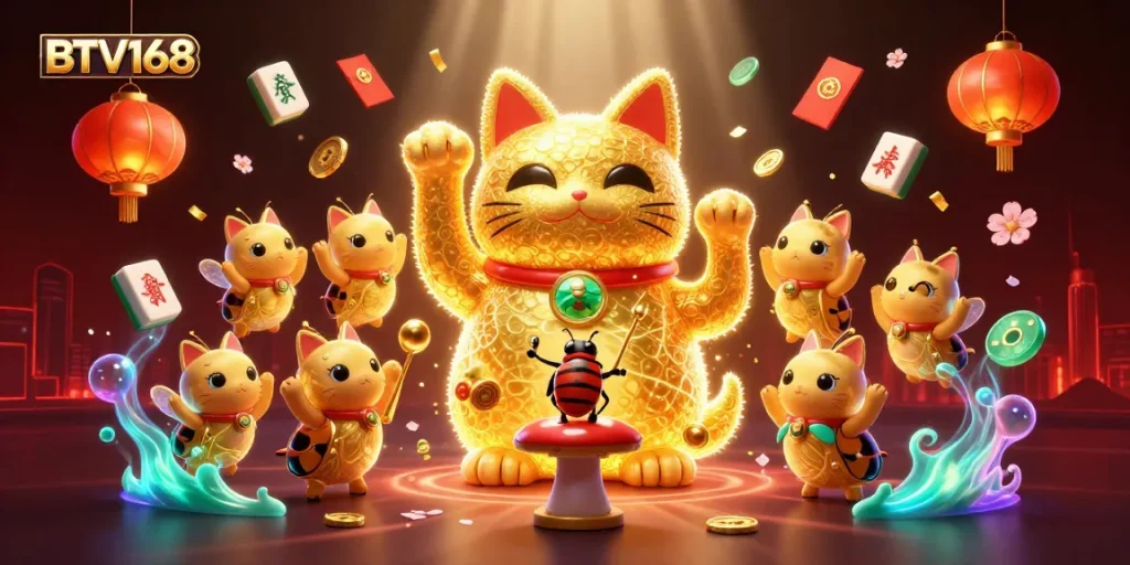 BTV168 showcases a vibrant, animated lucky cat at a casino-themed event, embodying luck and excitement.