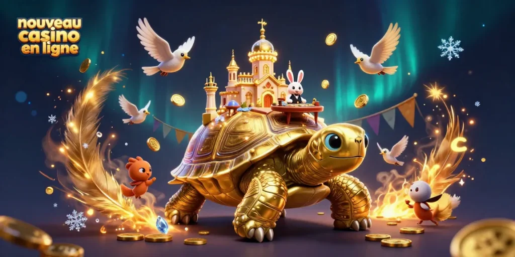 Expérimentez le nouveau casino en ligne avec une scène dynamique de jeu accompagnée de pièces d'or et de personnages captivants.
