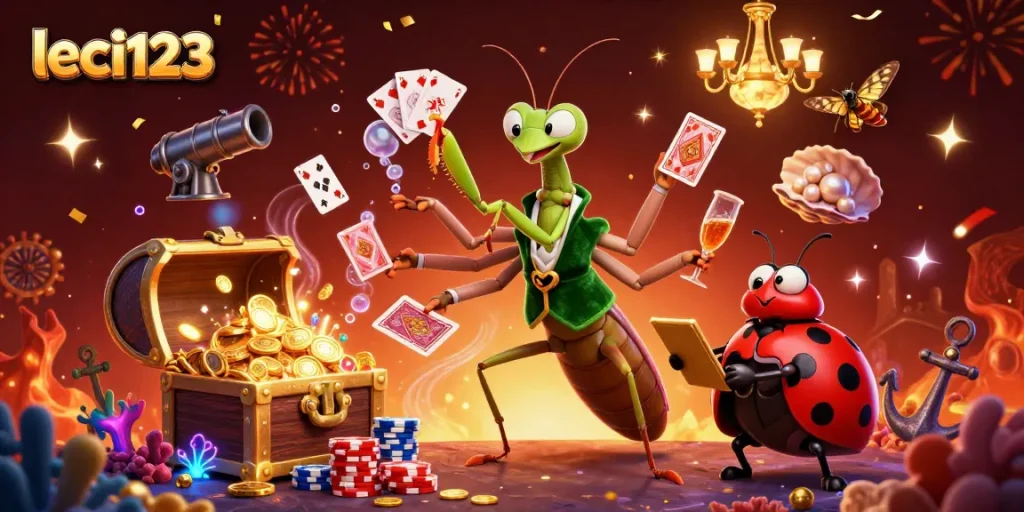 Engage with leci123: vibrant gambling scene featuring a mantis card sharp and ladybug pit boss amid gold coins and festive elements.