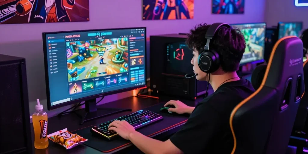 NAGA2000 immersive gaming experience with vibrant interface and enthusiastic player.