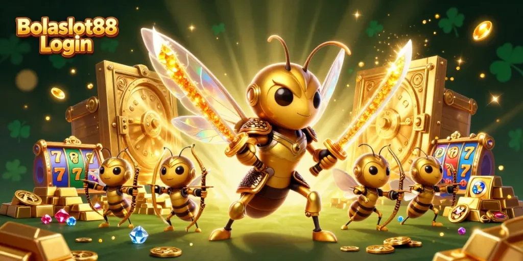 Bolaslot88 Login unlocks jackpots amidst a dazzling 3D casino illustration filled with vibrant symbols.
