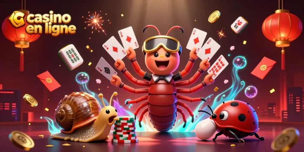 Jouez au casino en ligne avec un dealer millipède unique et des éléments festifs.