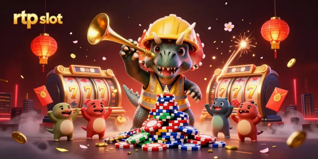 Membangun pengalaman bermain dengan rtp slot yang tinggi, triceratops merayakan sambil memegang chip poker dan elemen permainan lainnya.