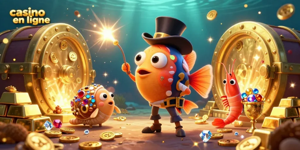 Plongez dans l'univers du casino en ligne avec des personnages marins collectant des pièces d'or scintillantes.