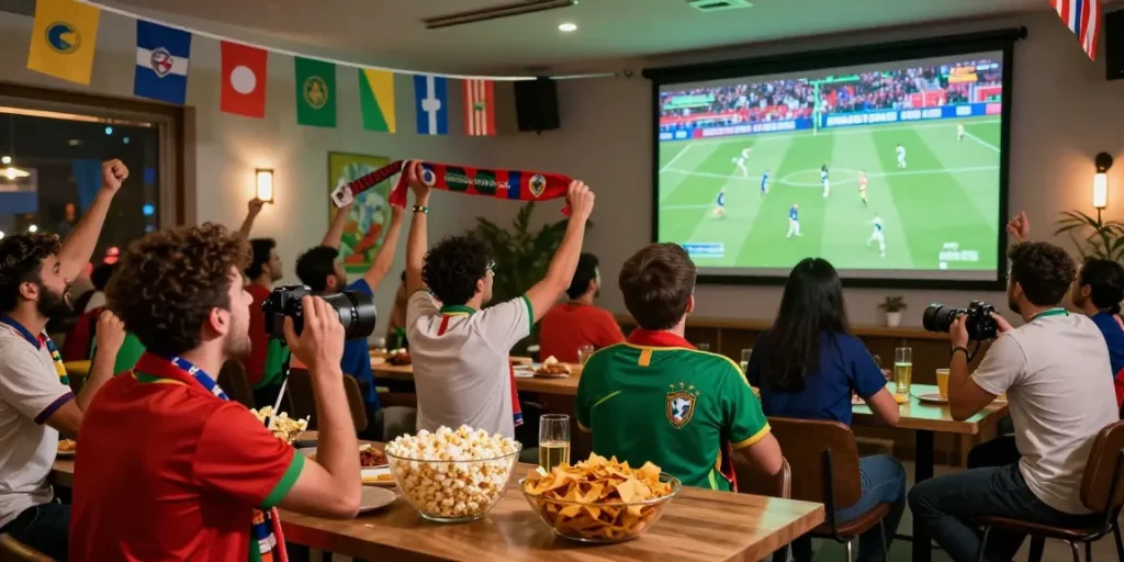 Tebak skor piala dunia 2026 dalam suasana pesta nonton bola penuh semangat dengan penggemar merayakan pertandingan.
