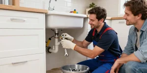 Northampton emergency plumber repairing a leaky pipe in a modern kitchen, showcasing professional support during plumbing issues.