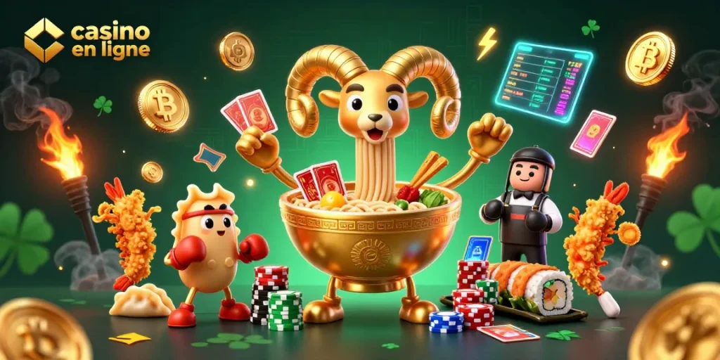 Casino en ligne vibrant avec un bol de ramen géant faisant des jetons, des pièces de Bitcoin et Ethereum illuminées.