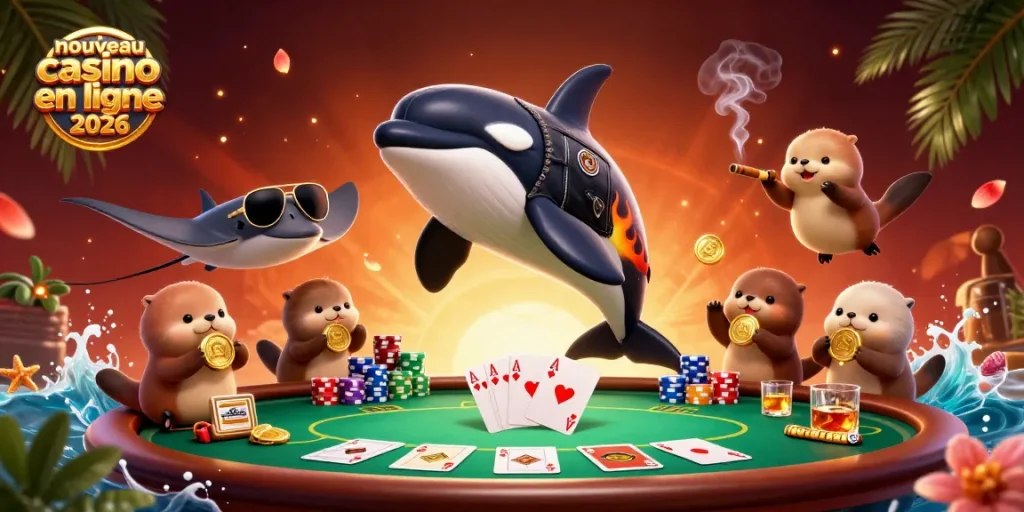 Visualisez le nouveau casino en ligne 2026 où des personnages ludiques interagissent autour de jeux de poker.