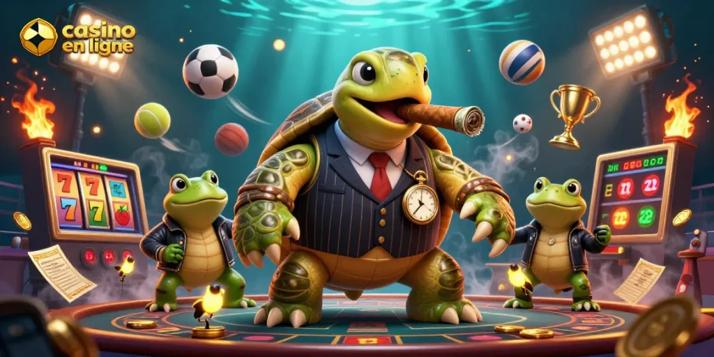 Plongée dans l'univers du casino en ligne, illustration de tortue et grenouilles en action.