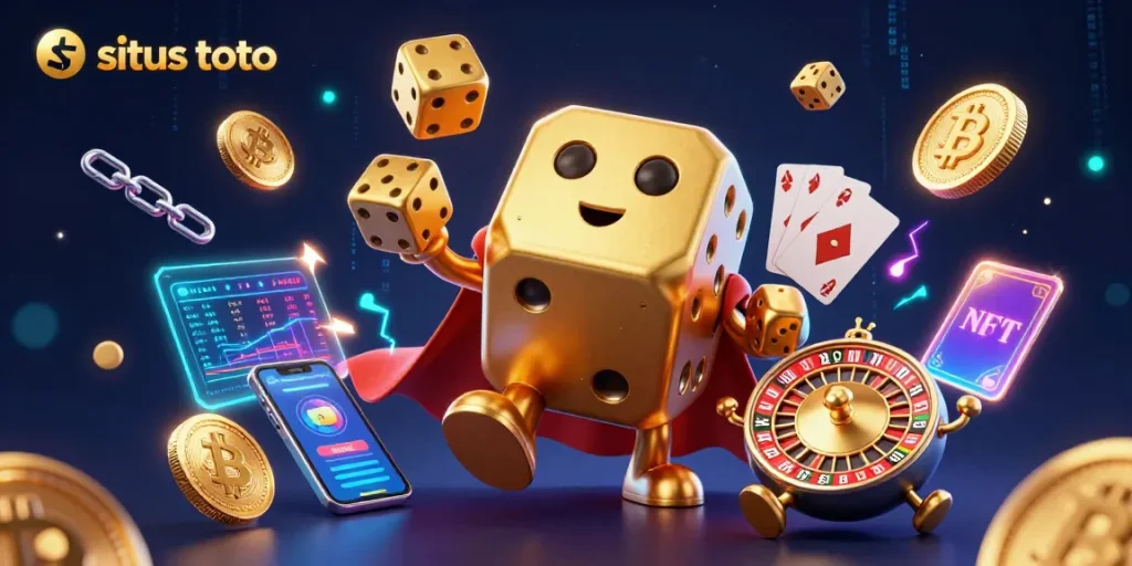 Rasakan kegembiraan situs toto dengan gambar 3D gambar dadu emas berukuran raksasa.