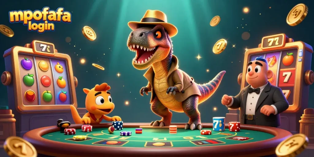 Engage with excitement through mpofafa login to thrilling slot games featuring dynamic scenes of a raptor at a blackjack table.