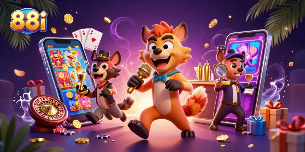 Engage with 88i's comedy casino scene featuring hyenas and vibrant gaming elements.