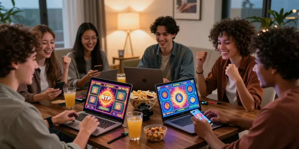 Suasana bermain rtp slot online dengan teman-teman di ruang tamu nyaman.
