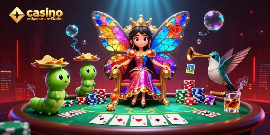 Jouez dans un casino en ligne sans vérification avec une reine papillon et des personnages colorés.