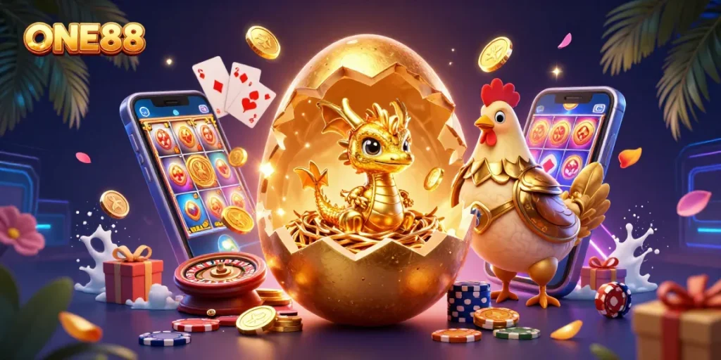 Engage with the dynamic gaming world of ONE88 featuring gold dragon and poker chips.