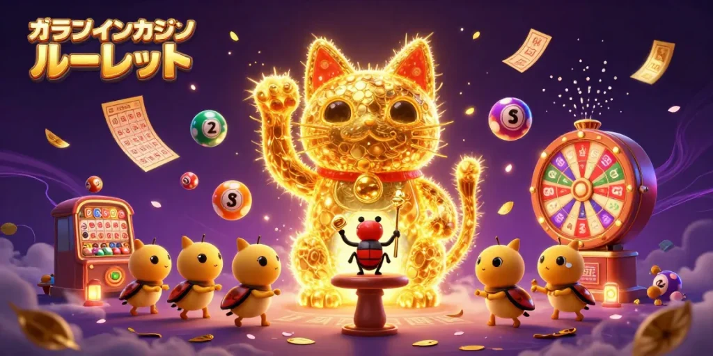 オンラインカジノ ルーレットで金色の招き猫がカジノシンボルを形成する様子