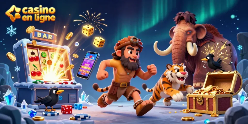 Jouer au casino en ligne avec des scènes vibrantes de machines à sous et un duo préhistorique fascinant
