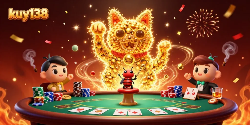 Menangkan permainan dengan kuy138 dalam ilustrasi kasino yang penuh warna dan simbol keberuntungan.