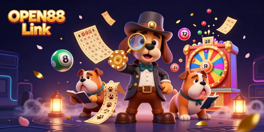 Experience thrilling winnings at OPEN88 Link while a detective investigates a poker chip clue amidst colorful gambling elements.