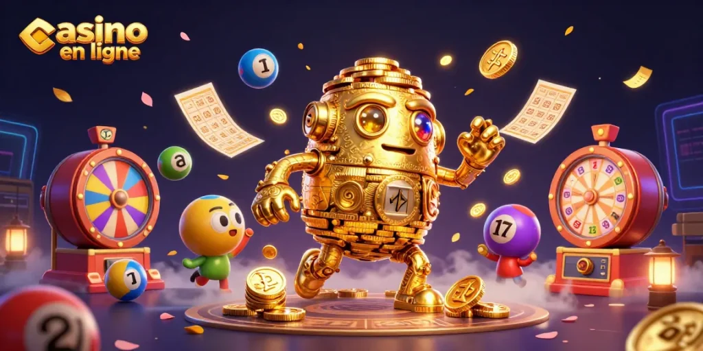 Vivez l'excitation du casino en ligne avec un golem d'or animé entouré de jeux de loterie.