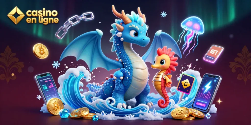 Profitez de l'expérience du casino en ligne avec un dragon aquatique et des éléments de crypto-monnaie.