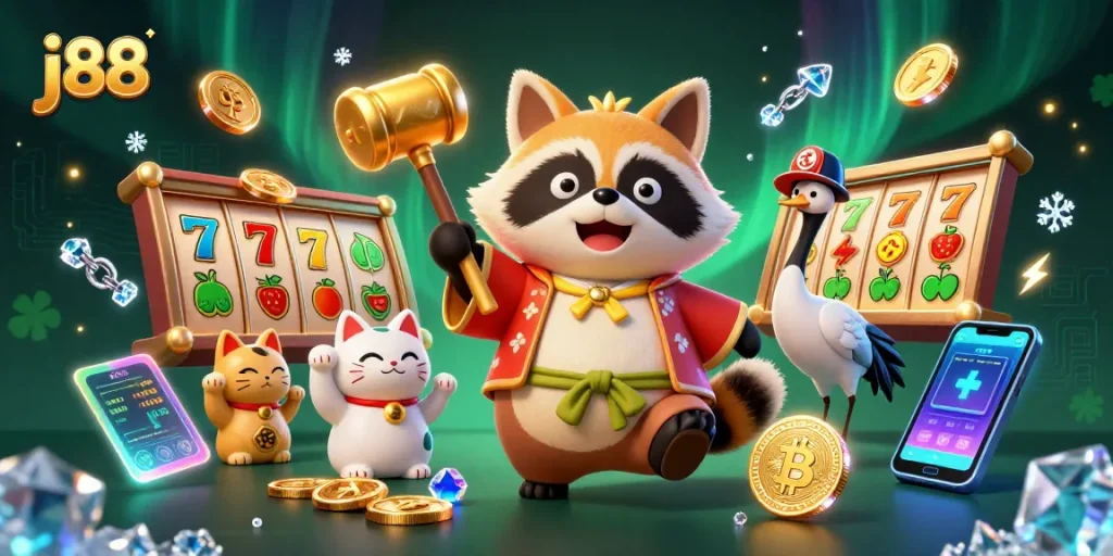 Join the action at j88 with a vibrant illustration depicting a cheerful tanuki and lucky symbols amid dazzling coins and slot reels.