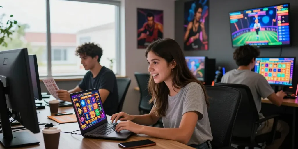 tempototo online gaming scene with players, vibrant slot games, live casino action in a modern environment