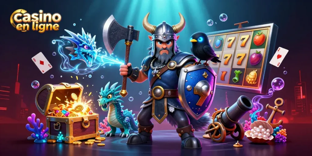 Jouer à un casino en ligne avec une illustration 3D de guerrier loup viking et dragon dans un cadre vibrant