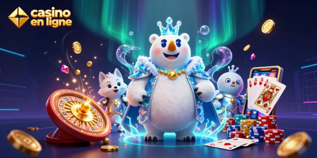 Le roi polaire de casino en ligne en illustration 3D, entouré de pièces d'or et de jetons colorés.