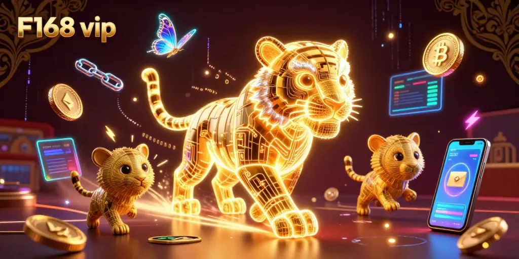 Experience thrilling gaming with F168 vip in a vibrant digital casino landscape featuring a golden tiger.