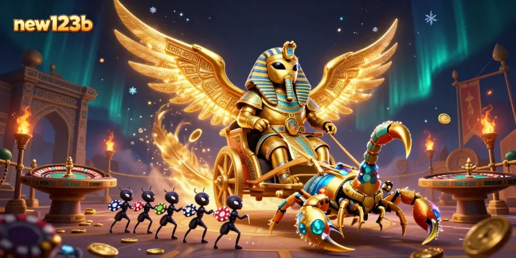 Experience thrilling gaming adventures at new123b with a colossal scarab beetle and poker action.