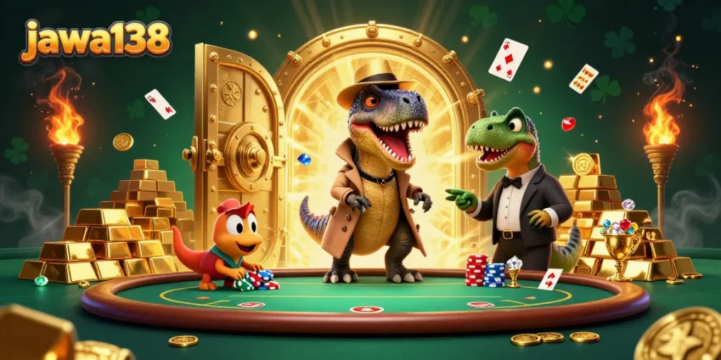 Experience the thrill of poker with jawa138 in a vibrant, animated casino scene.