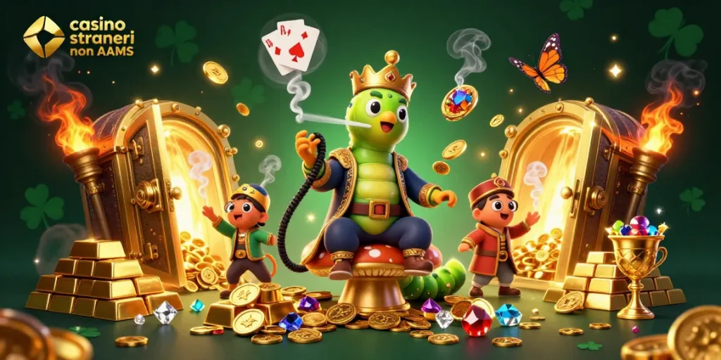 Scopri il mondo dei casino online stranieri non AAMS con simboli e gemme in un'illustrazione 3D vibrante.