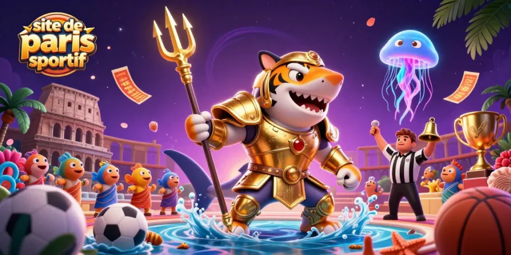 Imaginez un site de paris sportif animé avec un requin tigré en armure d'or, des ballons de sport et une ambiance festive.