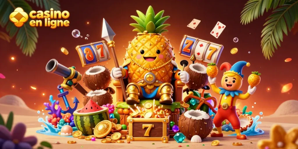 L'illustration expliquant le monde coloré des jeux de casino en ligne avec le roi ananas et ses gardes.