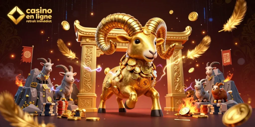 Illustration 3D d'un bélier doré symbolisant le casino en ligne retrait immédiat, entouré de symboles de jeu.