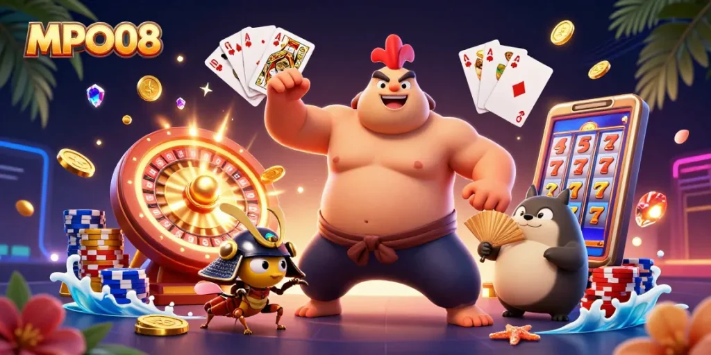 MPO08 illustrates an exciting gaming scene with dynamic characters and golden casino elements.
