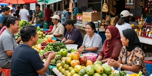 Suasana pasar lokal yang hidup dengan Leci123 sebagai pusat cerita komunitas dan interaksi masyarakat.