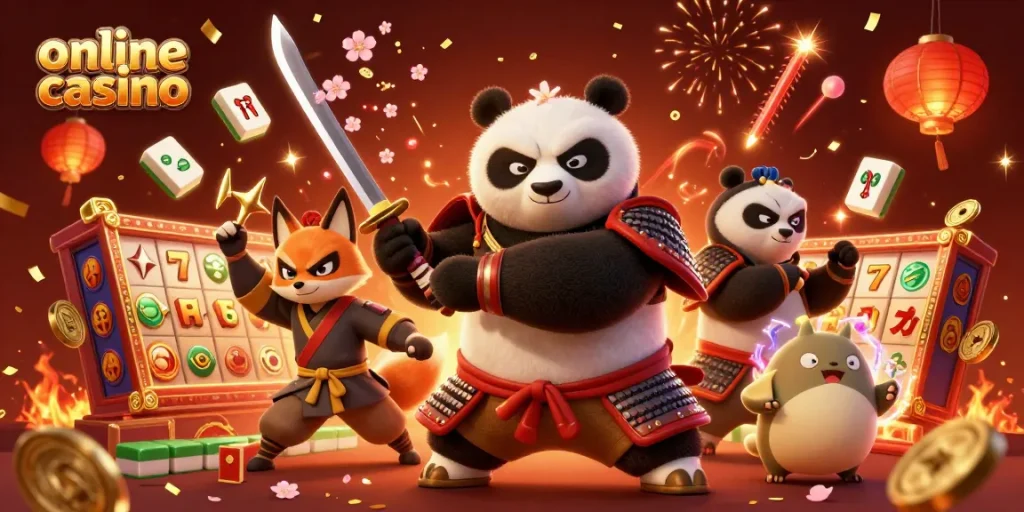 Experience exciting online casino action as a samurai panda and ninja fox come alive.