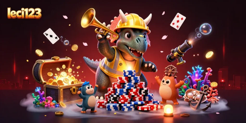 Permainan seru leci123 dengan triceratops membangun tumpukan cip poker, dikelilingi harta karun dalam suasana meriah.