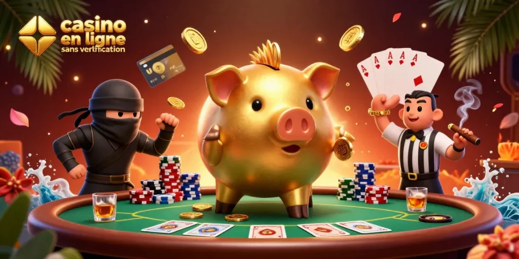 Action dynamique dans un casino en ligne sans vérification avec un banquier en or et des personnages de cartes.