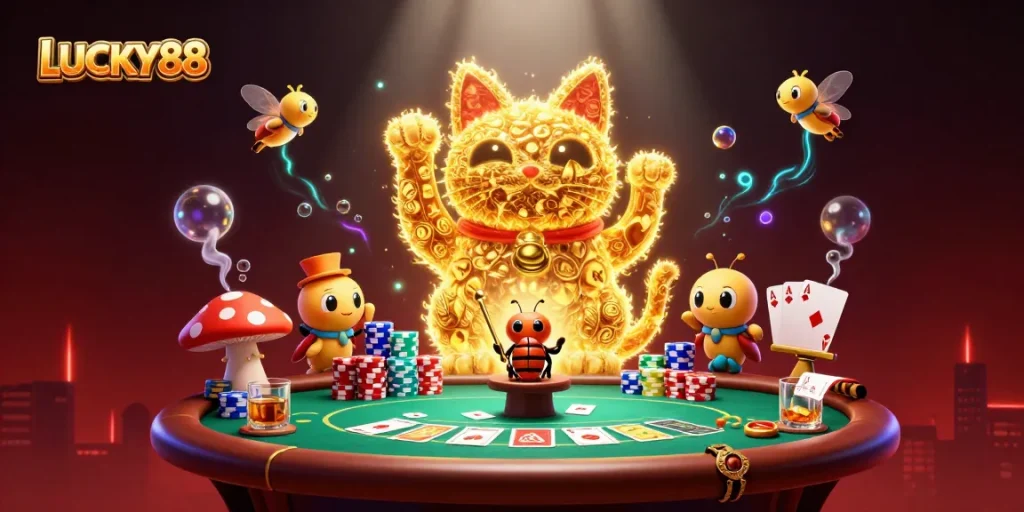 Experience excitement at LUCKY88 with a dynamic blend of casino symbols and a lucky cat in action.