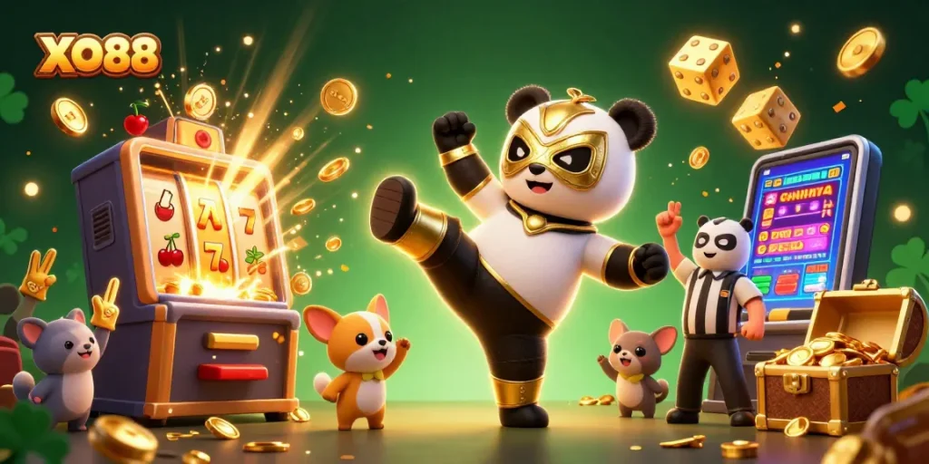 Experience excitement at XO88 with a panda wrestler flying into action at a vibrant casino scene.