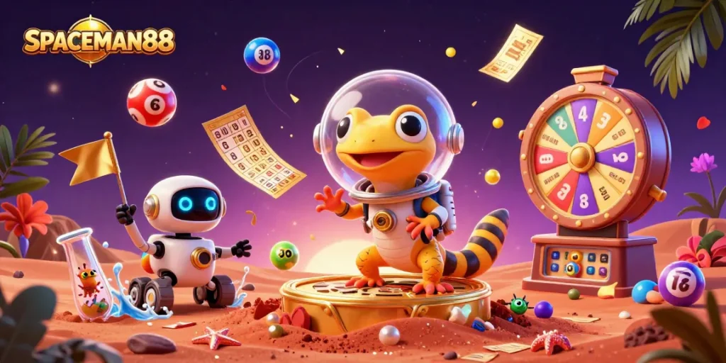 SPACEMAN88 Martian gecko explores a golden casino amidst colorful lottery elements.