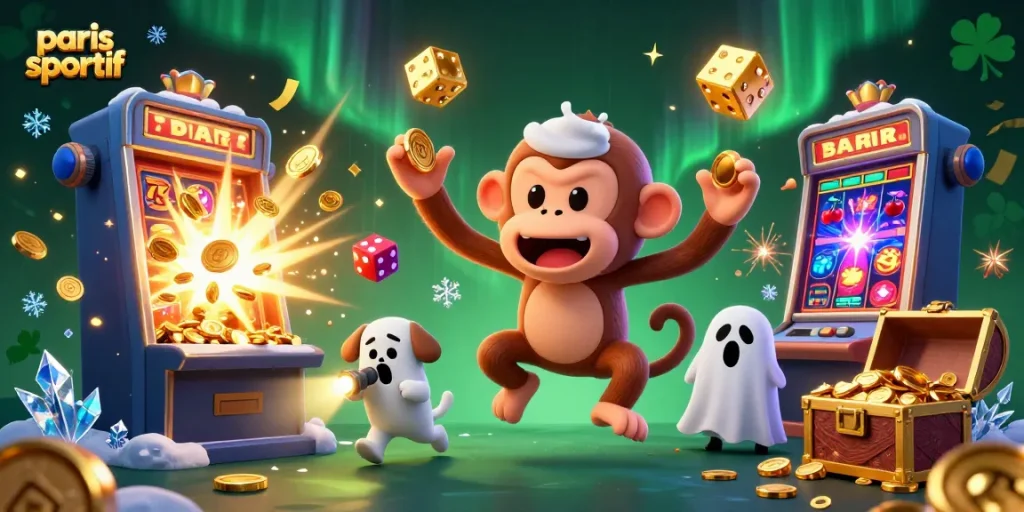 Paris sportif: Une illustration ludique d'un singe farceur et un chiot traquant des objets d'or dans un casino hanté.