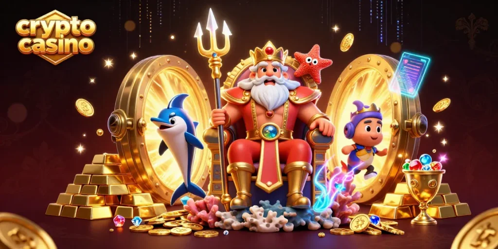 Illustration d'un crypto casino avec Neptune, des pièces Bitcoin et un coffre rempli de trésors.